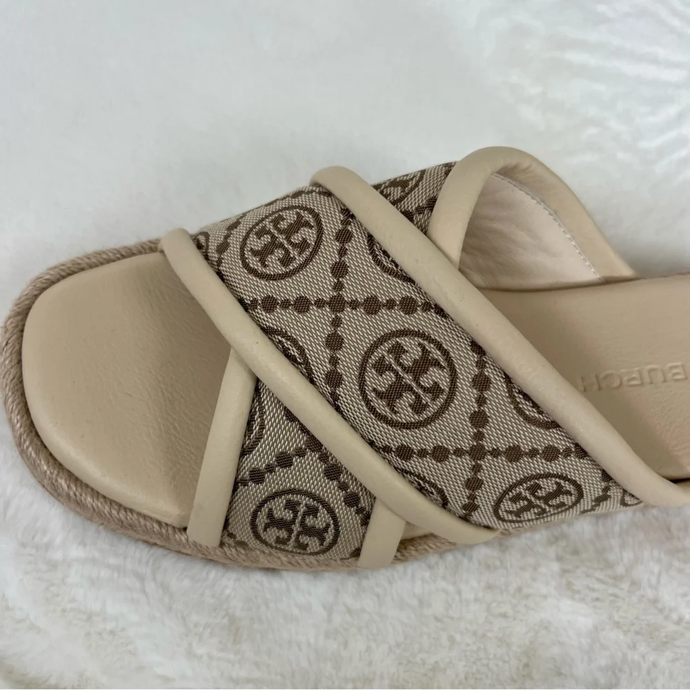 NWOT TORY BURCH T MONOGRAM CRISSCROSS ESPADRILLE SLIDES SIZE 8.5 - Picture 13 of 16